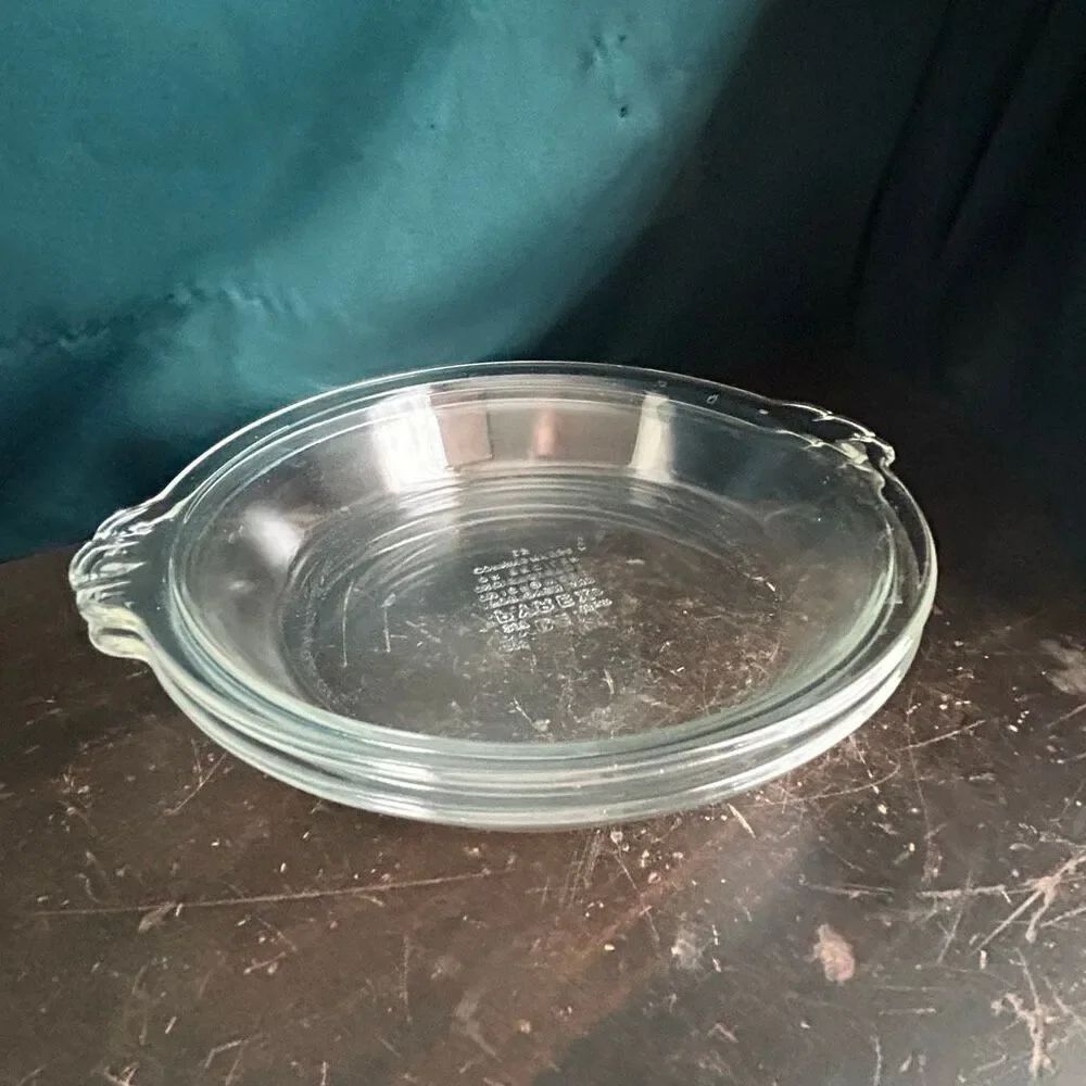 2 Vintage GL163-Pyrex #207 Pie Plate Clear Glass 18cm Scalloped Handles